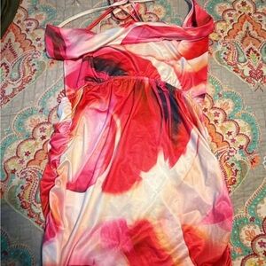 Backless Halter Tie-Dye Midi Dress - Pink Red